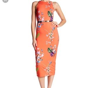 Ted Baker bright orange floral 3/4 body con dress